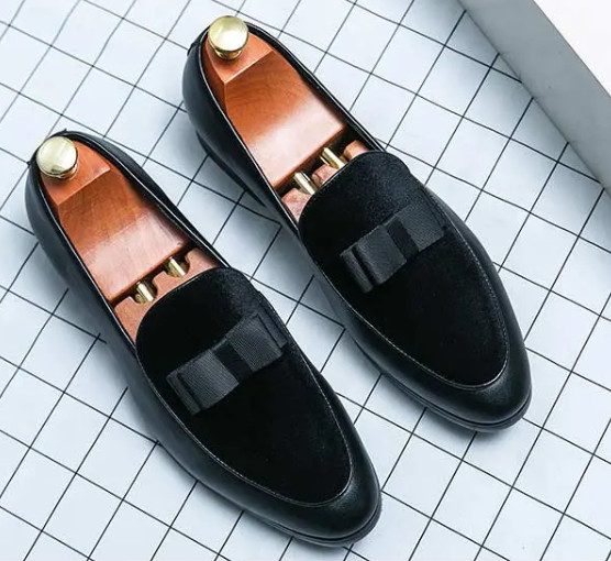 Men’s Velvet Splicing Color Block Bowknot Loafers Dress Shoes Wedding Oversize