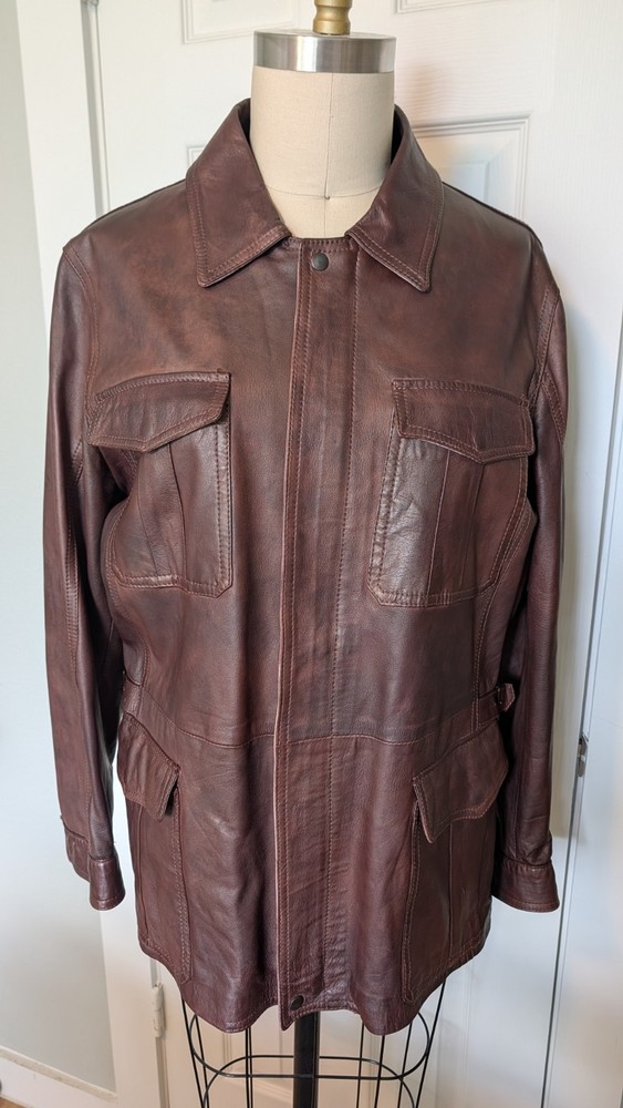 Men’s Safari-Style Brown Leather Jacket, Size ITA 48/US 38/M, Made in Italy