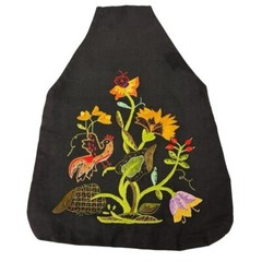 Vintage Black Floral Bird Cross Stitch Embroidered Cottagecore Loop Handle Purse