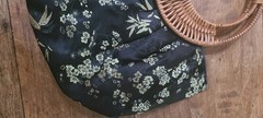 Vintage Round Wicker Handle Handbag Purse Asian Floral Print Loop Button Closure
