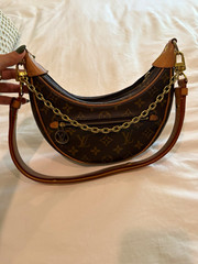 Louis Vuitton Monogram Loop Crescent Shoulder Bag Small Zip Chain Strap Brown