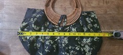Vintage Round Wicker Handle Handbag Purse Asian Floral Print Loop Button Closure