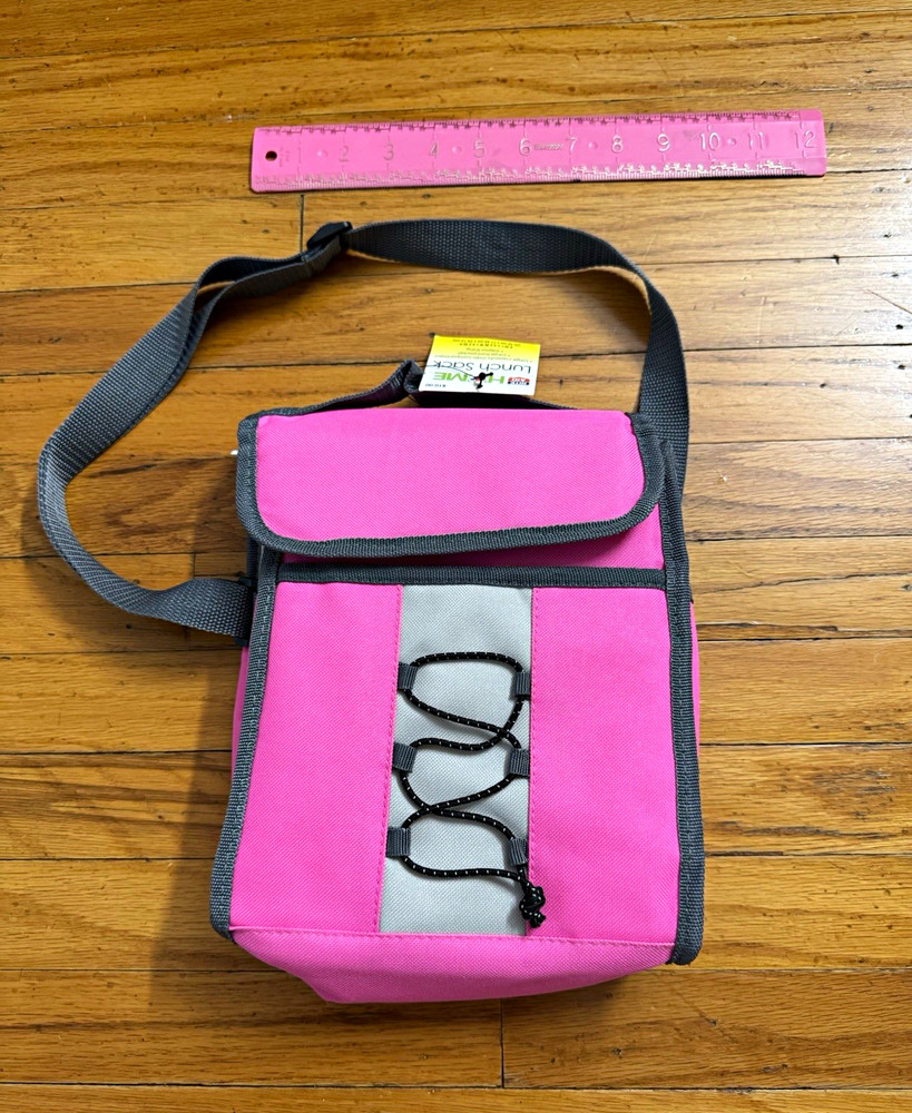 Lunch Bag Pink Gray Small Bag Hook & Loop Flap Front Pocket Strap