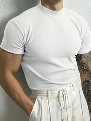 Men Ribbed Mock Neck T Shirt Slim Fit Muscle Short Sleeve Casual Fitness Tops