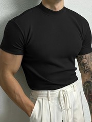 Men Ribbed Mock Neck T Shirt Slim Fit Muscle Short Sleeve Casual Fitness Tops