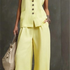 Women Solid Buttons Vest + Pocket Wide-leg Pants Suit Women Casual Two Piece Set