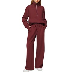 Woman Solid Color Half Zip Long Sleeve Sweatshirt And Wide Leg Pants Set Casual