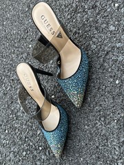 GUESS Women’s Pointed Toe Mule Heels Rhinestone Clear Strap Slip-On 6