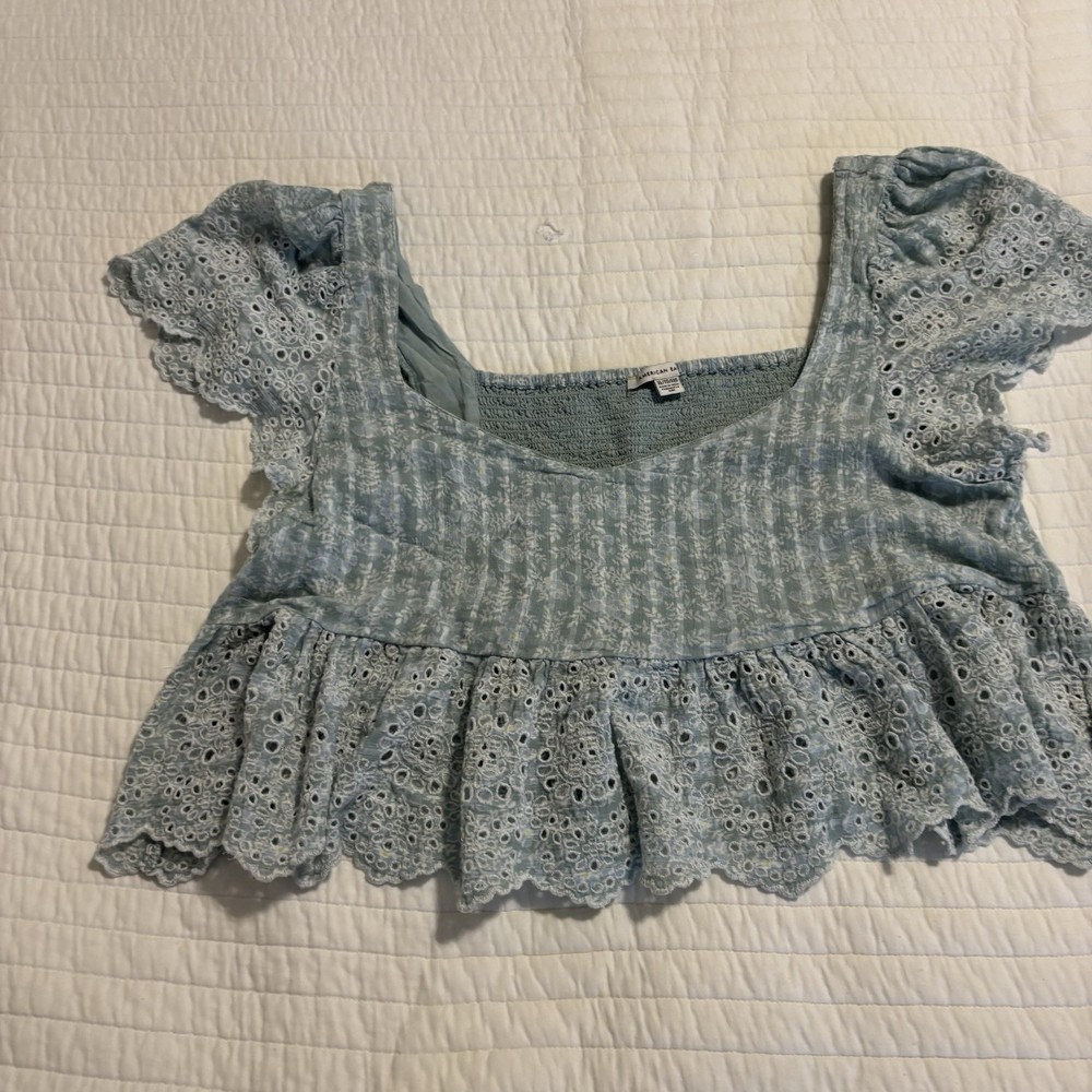 America Eagle Blue Plaid Eyelet Crop Top Flutter Sleeve Babydoll Cottagecore XL