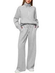 Woman Solid Color Half Zip Long Sleeve Sweatshirt And Wide Leg Pants Set Casual