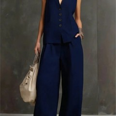 Women Solid Buttons Vest + Pocket Wide-leg Pants Suit Women Casual Two Piece Set