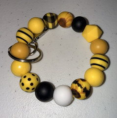 Beaded Keyring Keychain Yellow Black White Polka Dot Plastic Metal