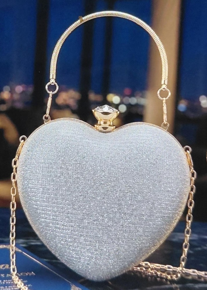 Silver Glitter Heart Clutch Purse w/ Gold Top Handle, Chain Strap, Clasp