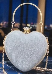 Silver Glitter Heart Clutch Purse w/ Gold Top Handle, Chain Strap, Clasp