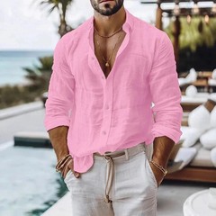 Men Cotton Linen Summer Beach Shirt Solid Color Breathable Button Top