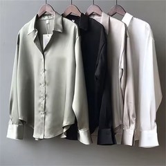 Women Silk Shirt New Vintage Fashion Solid Button Up Long Sleeves Blouse Tops