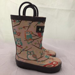 Oakiwear Perched Owls Loop Handle Rubber Rain Boots Size 7 EUC