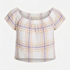 Cloth & Stone Plaid Off the Shoulder Crop Top XS Pastel Textured Gauze Blouse