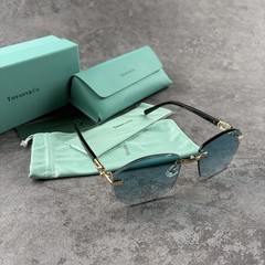 New In Box – Tiffany Rimless Sunglasses Women’s Gold Frame Blue Tinted Lenses