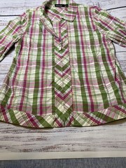 blast… Women’s M Green/Pink/White Plaid Cotton Woven Collared Zip Blouse