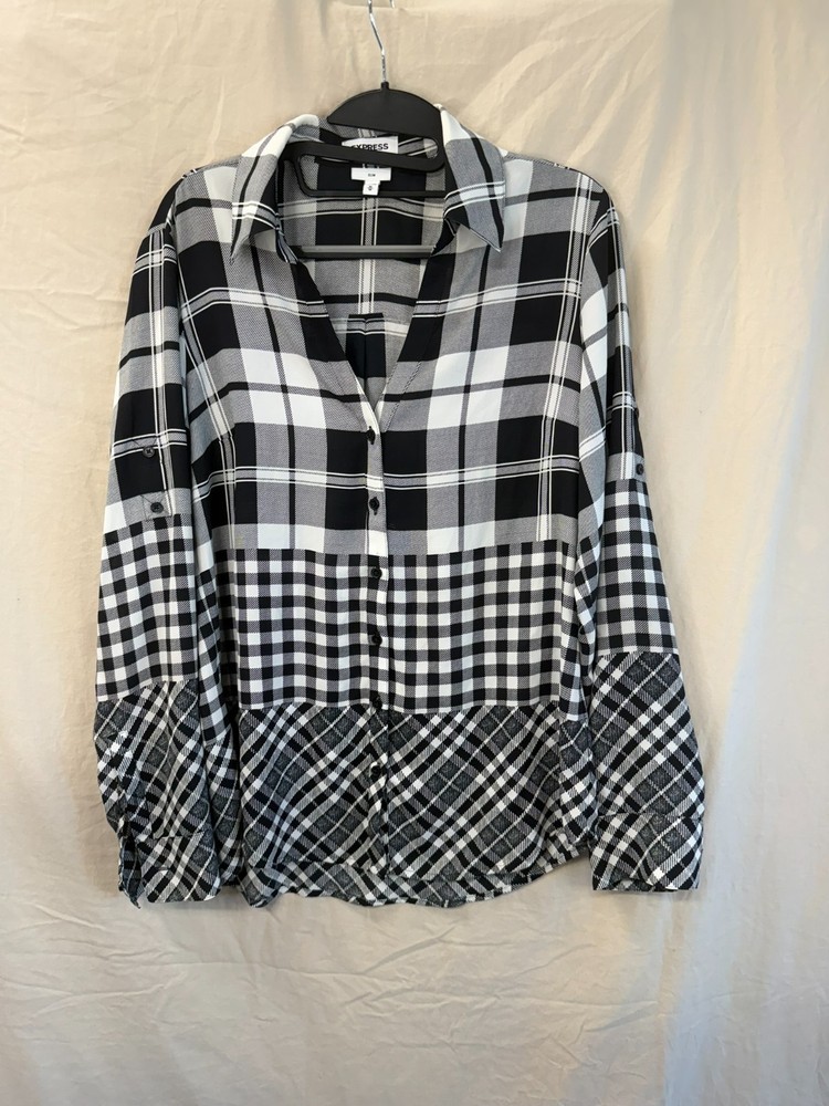 Express Button-Up Shirt Patchwork Design Black and White Med Slim Fit