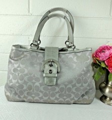 COACH TOTE SILVER SIGNATURE C JACQUARD/ LEATHER No. F18912 SATCHEL HANDBAG