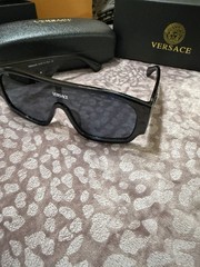 Versace Men’s Shield Sunglasses Black Plastic Full Rim Frame Gray Tinted