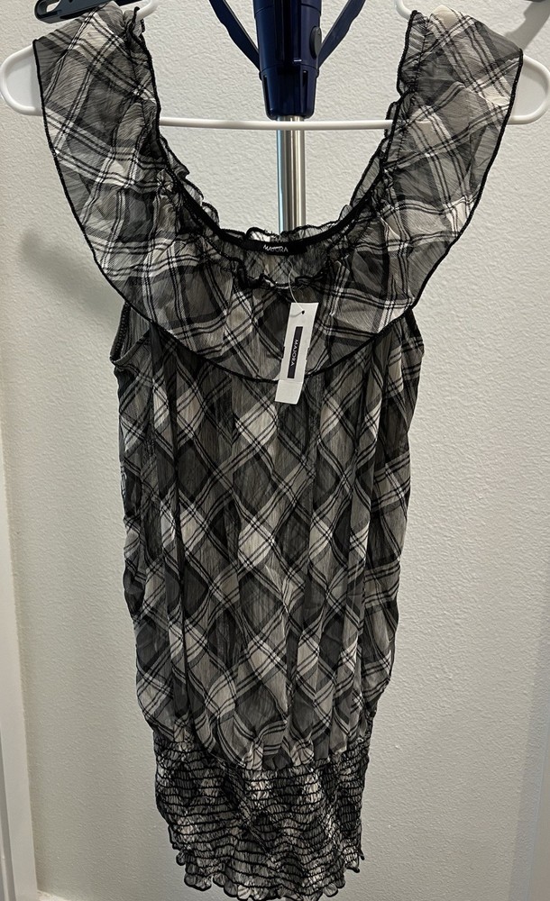 NWT Black White Plaid Blouse Sheer Chiffon Smocked Ruffle Top M