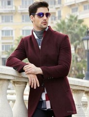 Men’s Wool Blend Mid Length Jacket Formal Stand Collar Slim Trench Coat Oversize