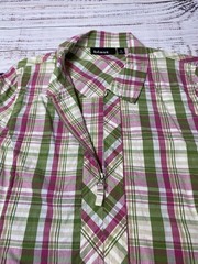 blast… Women’s M Green/Pink/White Plaid Cotton Woven Collared Zip Blouse