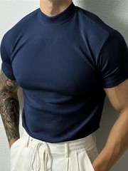 Men Ribbed Mock Neck T Shirt Slim Fit Muscle Short Sleeve Casual Fitness Tops