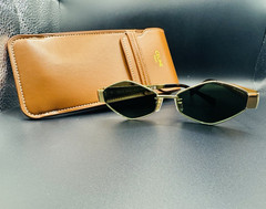 CELINE Men’s Geometric Sunglasses Gold Metal Frame Green Tinted Plastic Lenses