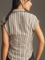 Pilcro Women’s Plaid Ruched Slim Fit Short Sleeve Collared Button Blouse S