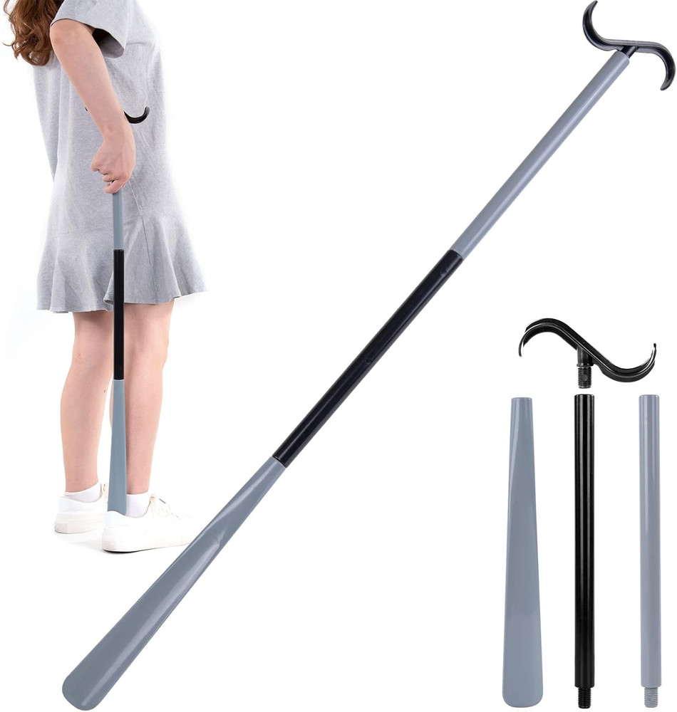 35″ Dressing Stick with Shoe Horn & Sock Remover, Adjustable Aid in Grey/Black