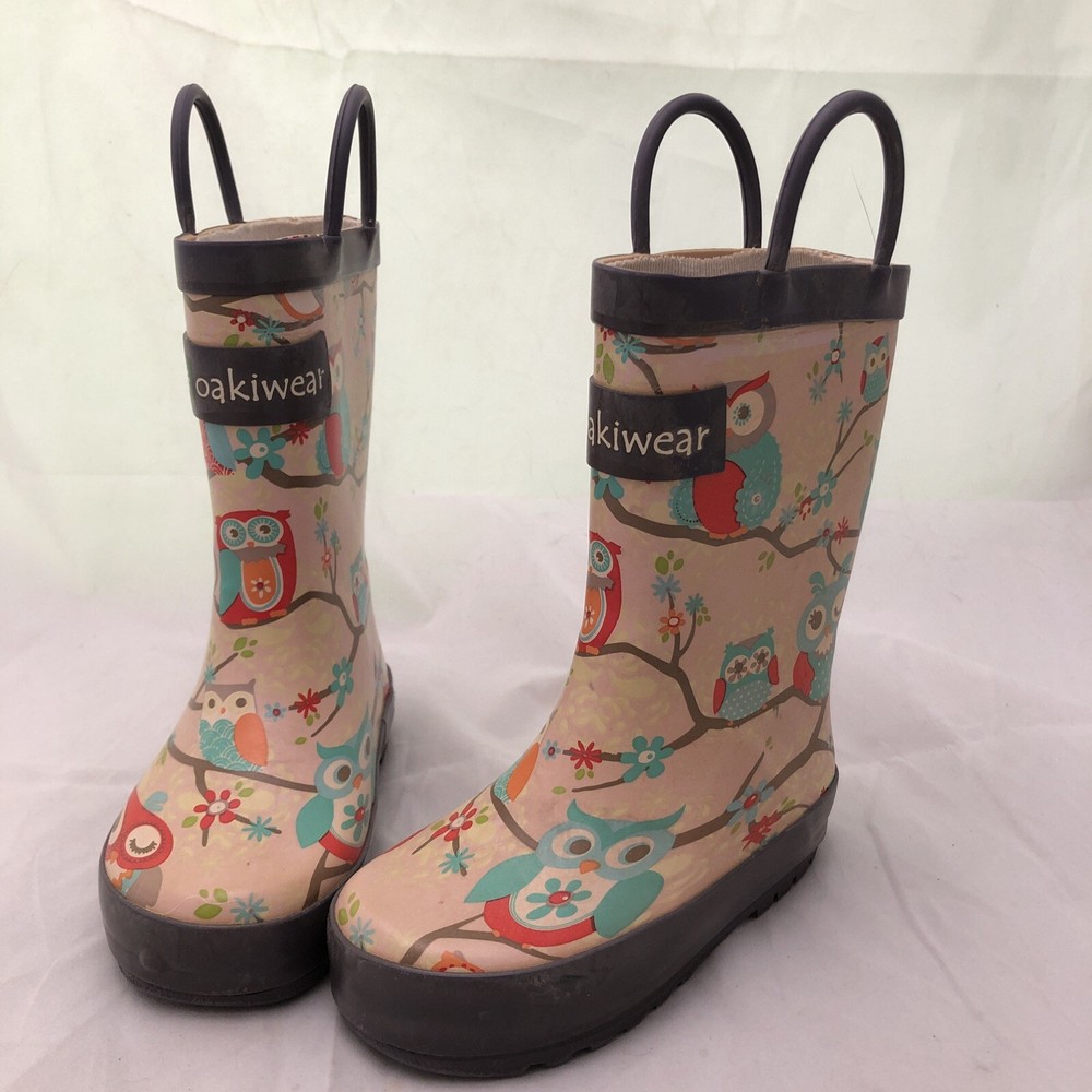 Oakiwear Perched Owls Loop Handle Rubber Rain Boots Size 7 EUC