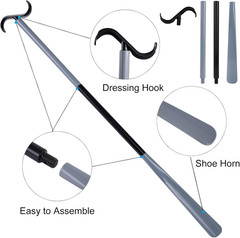 35″ Dressing Stick with Shoe Horn & Sock Remover, Adjustable Aid in Grey/Black