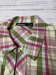 blast… Women’s M Green/Pink/White Plaid Cotton Woven Collared Zip Blouse
