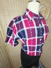 100% Cotton Red White & Navy Blue Plaid Shirt w/ Embroidered Stars, Star Buttons