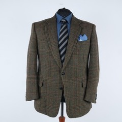 Mens Check HARRIS TWEED Jacket 50R US Size Dark Green Wool Sport Coat Blazer