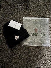 Moncler Men’s Black Solid Beanie Hat One Size with Logo Patch