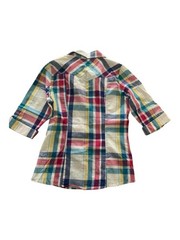 Passport Plaid Button-Up Collared Blouse w/ Pockets 3/4 Sleeve Multicolor M