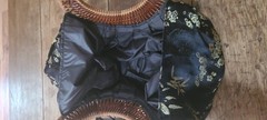 Vintage Round Wicker Handle Handbag Purse Asian Floral Print Loop Button Closure