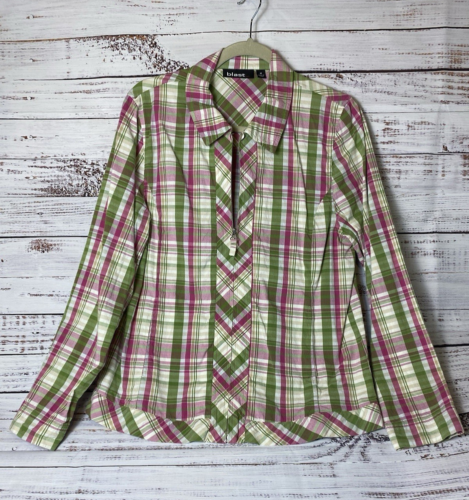 blast… Women’s M Green/Pink/White Plaid Cotton Woven Collared Zip Blouse