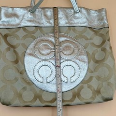 Coach Signature Metallic Silver & Khaki Canvas Tote Bag Rare Transparent HangTag
