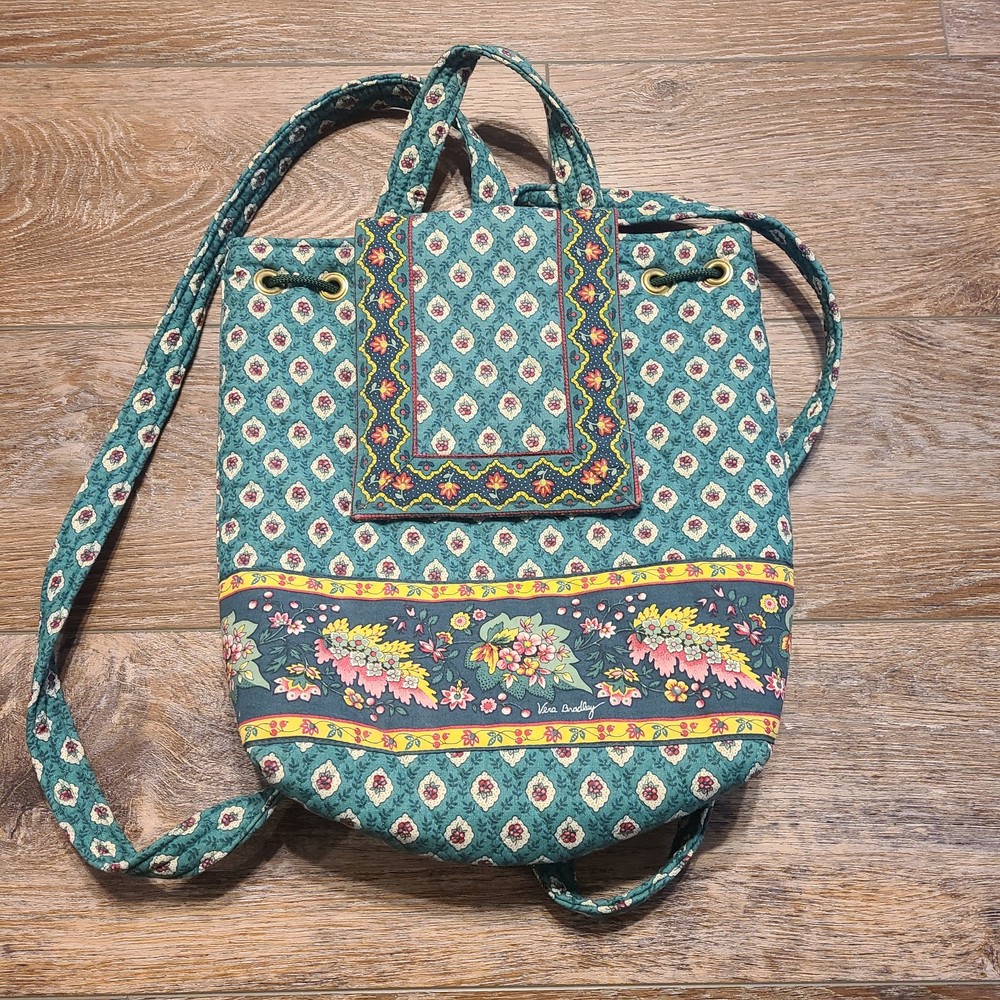 Vera Bradley Green Print Backpack Classic Drawstring w/loop handle Used