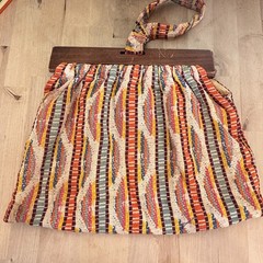 Vintage Tapestry Boho Handbag Wood Tops, Loop Handle, Wavy Stripes Retro Purse