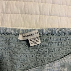 America Eagle Blue Plaid Eyelet Crop Top Flutter Sleeve Babydoll Cottagecore XL