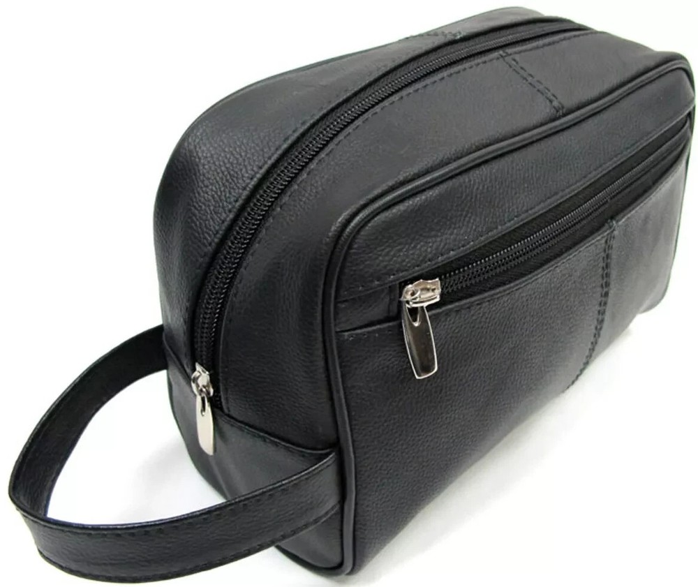 Quality Genuine Cow Leather Men’s Shaving Toiletry and Travel Bag 3 Zipper Black