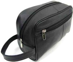 Quality Genuine Cow Leather Men’s Shaving Toiletry and Travel Bag 3 Zipper Black