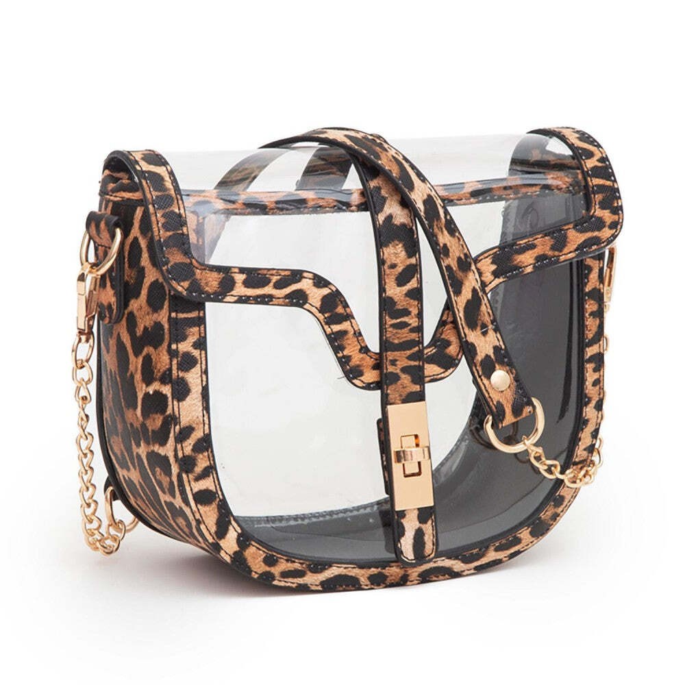Clear Stadium Shoulder Bag Leopard Trim Crossbody Purse Twist Lock